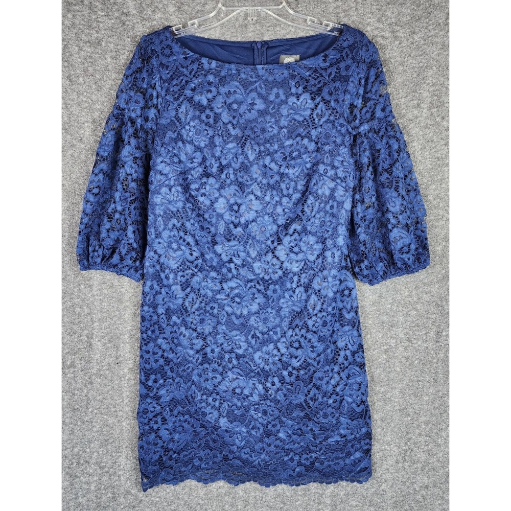 Vince Camuto Dress Womens 8 Sheath Navy Blue Floral Lace Puff Sleeve EUC